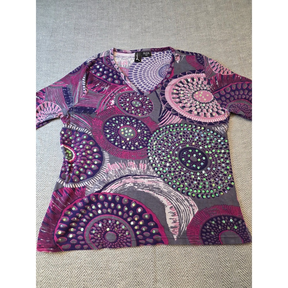 Zashi Tunic Top Womens L Purple Abstract Print Sequin 3/4 Sleeve V-Neck Pullover